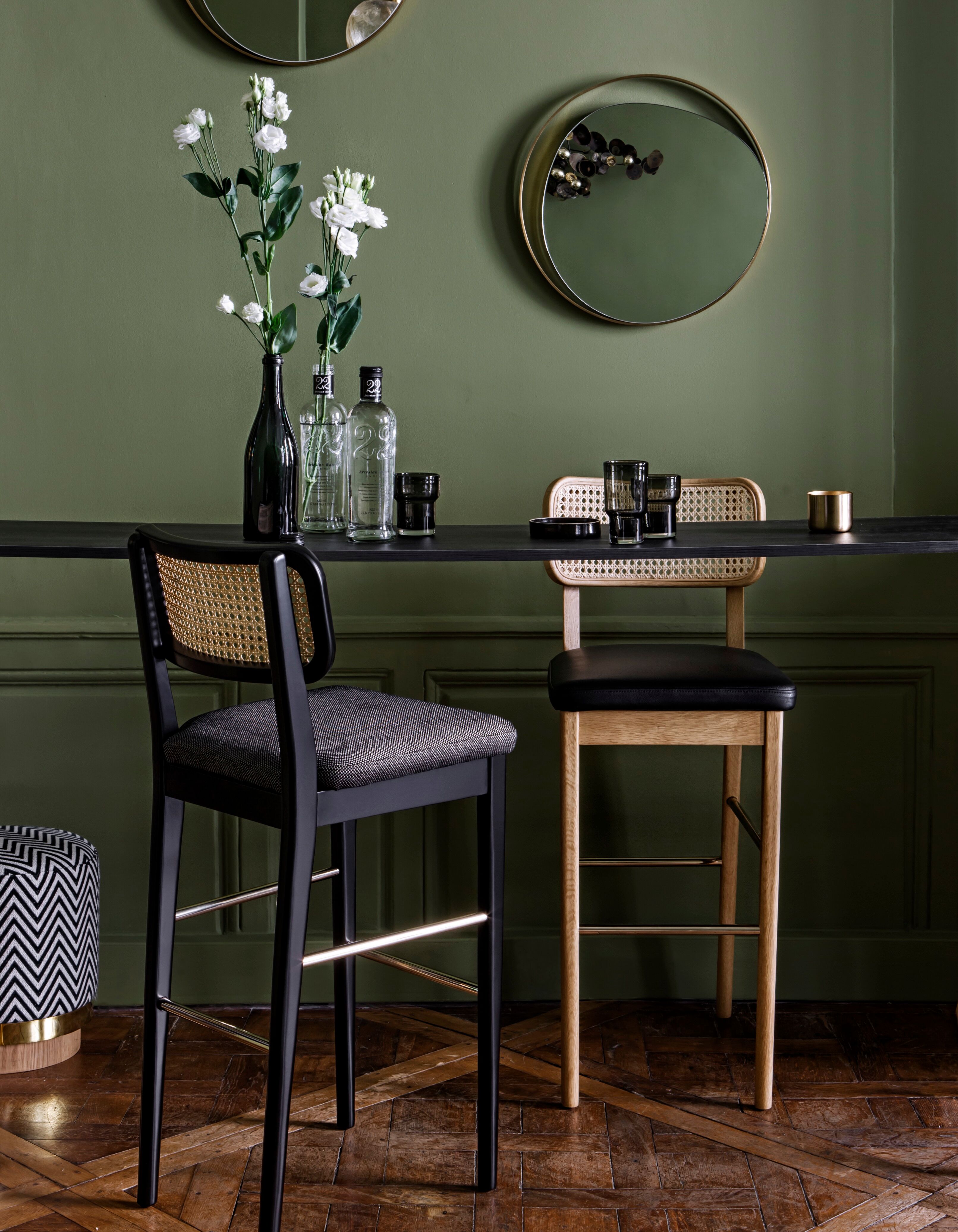 Cannage stool top black wood caviar fabric Red Edition