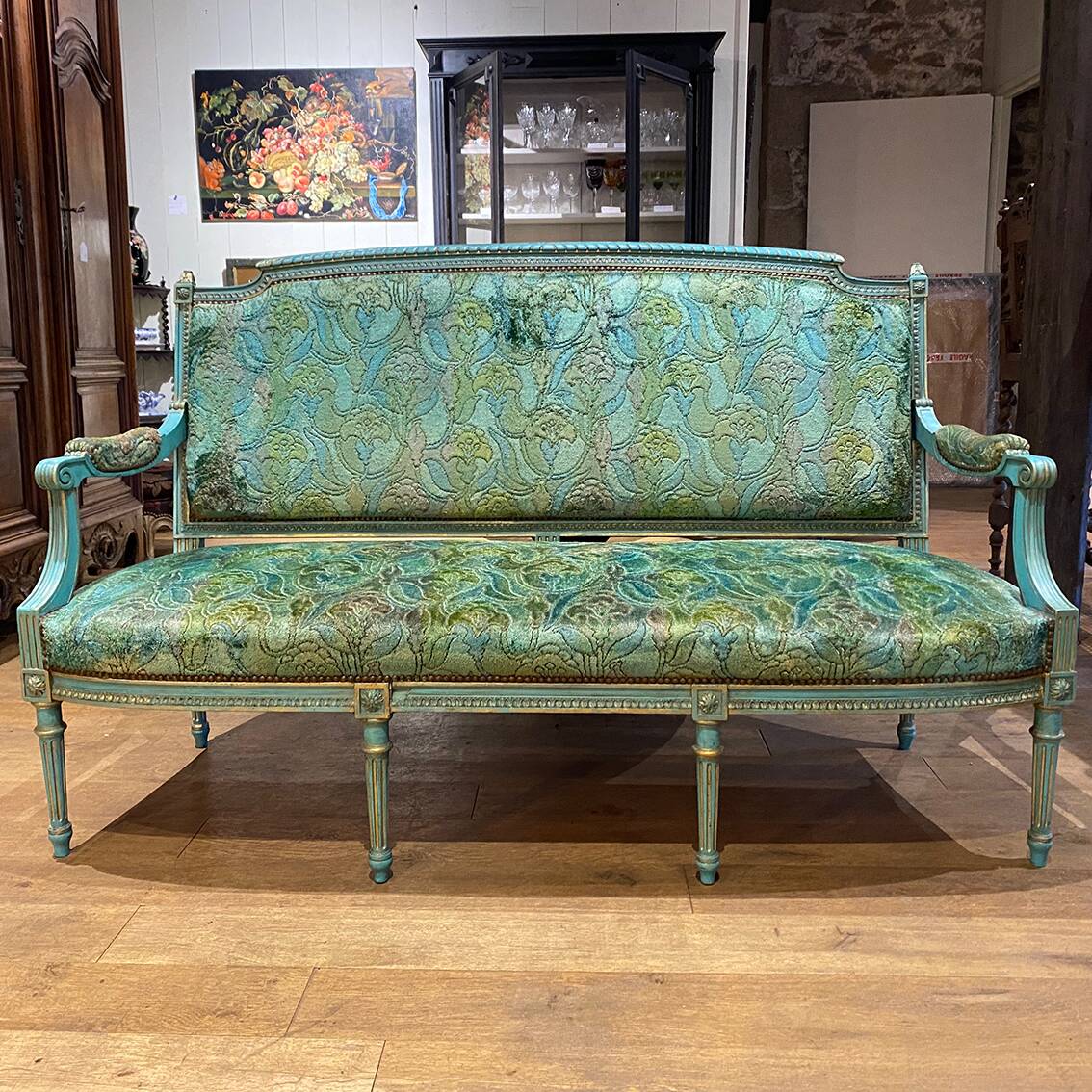 Louis XVI style bench in blue lacquered wood with gold trim