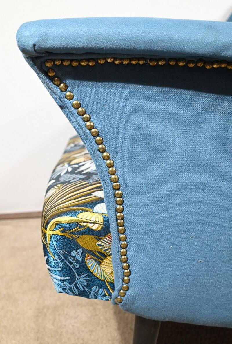 2-Seater Bench in Azure Blue Fabric – 1940s
