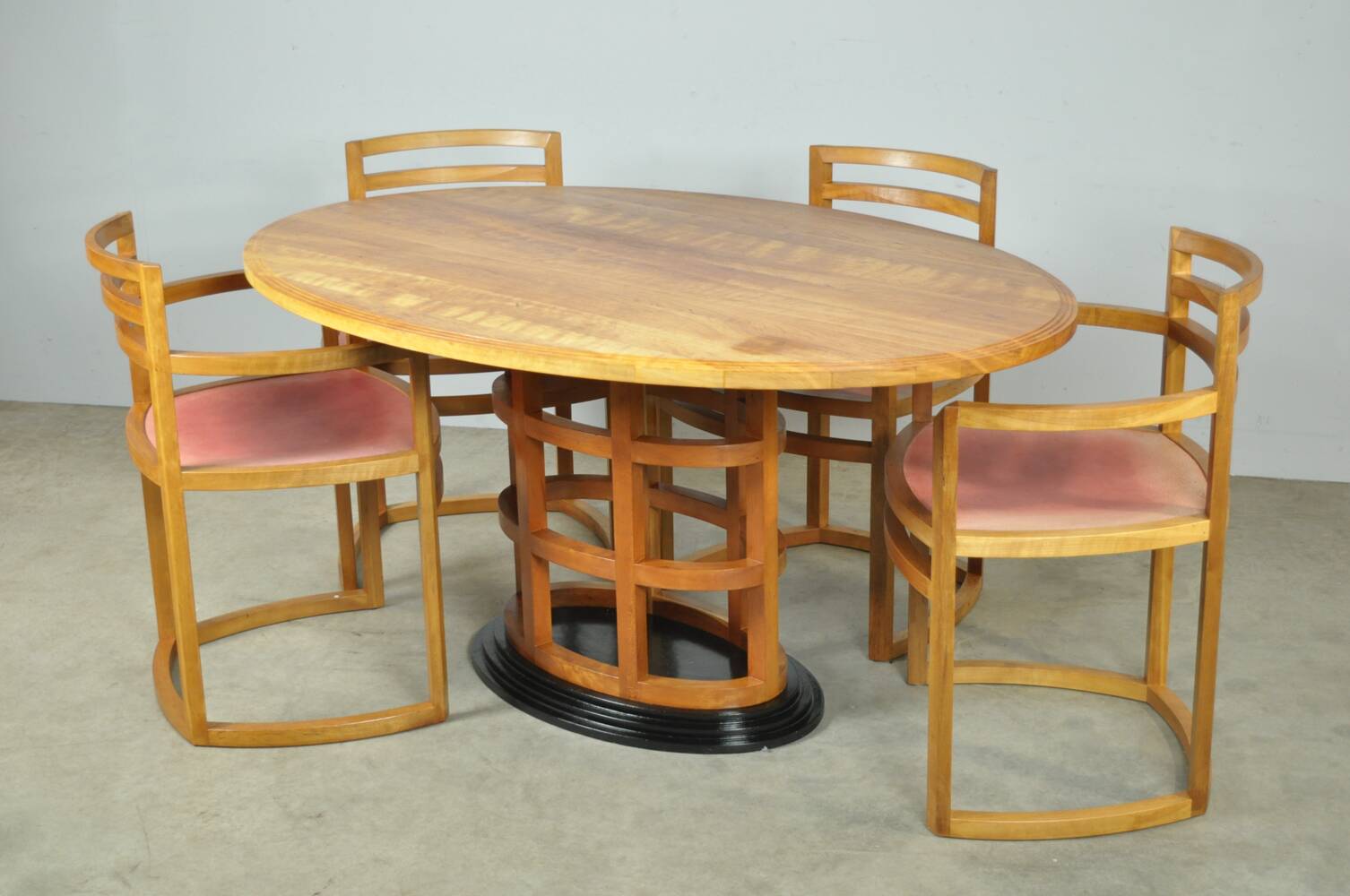 Exceptional fruitwood dining table set in art deco style, 1980s