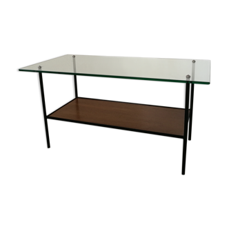 50s coffee table in wood and metal glass