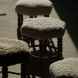 A hexagonal oak stool, seat refurbished in lambswool, Danish design from the 1950s.