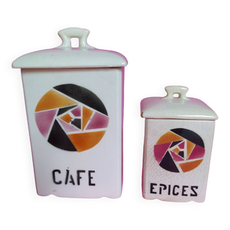 Set of 2 art deco style earthenware coffee and spice pots. Vintage 30s.