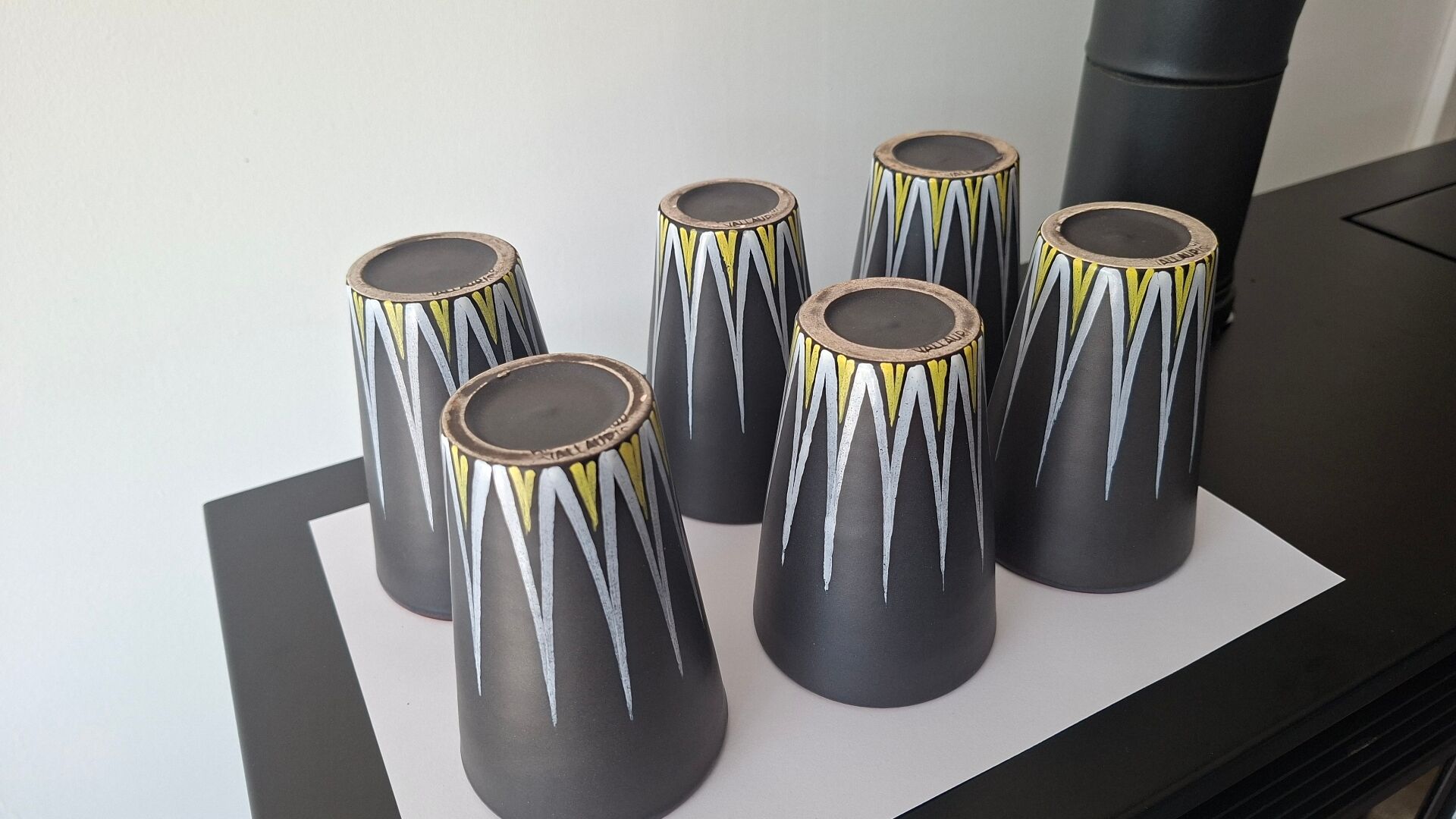 Six Orange and Black Ceramic Vases Vallauris André Baud
