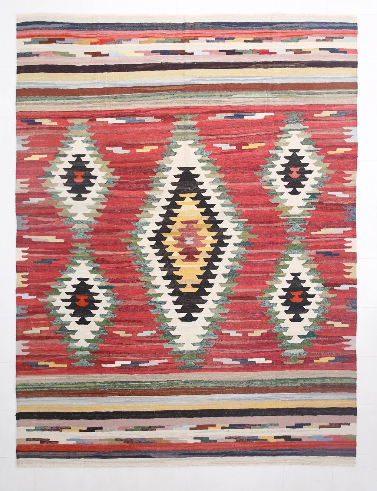 9x12 Kilim Red Green Oversize Vintage Kilim Rug, 275x370Cm