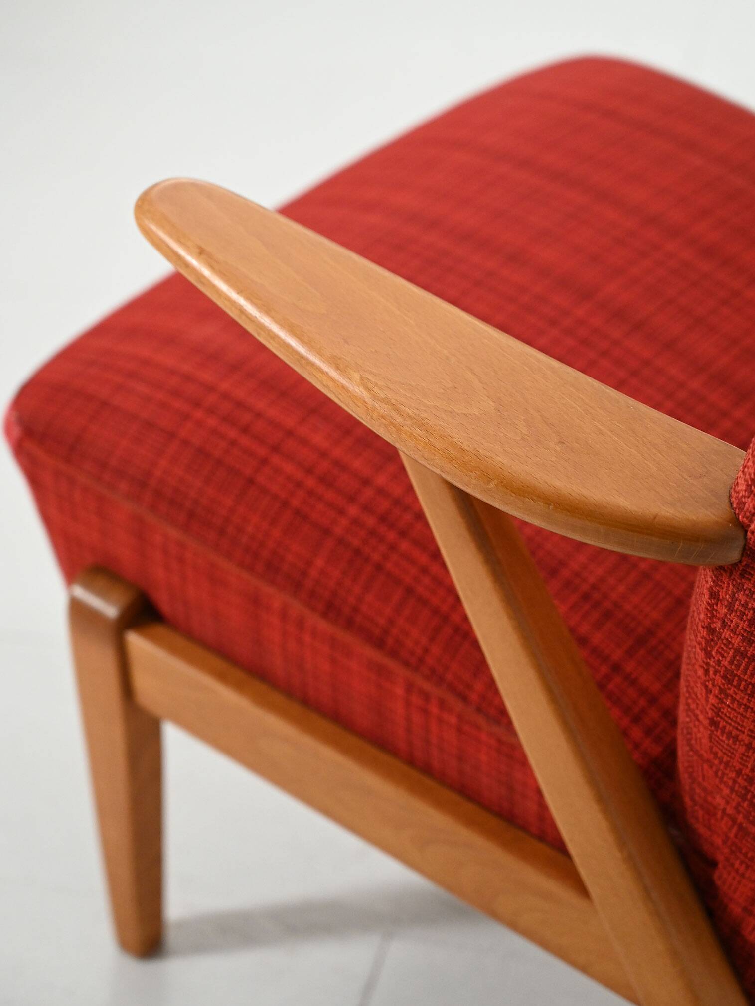 Scandinavian 1950s Beech Armchair with red upholstery