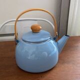 Vintage blue enamelled tin teapot with wooden handle