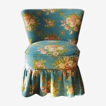 Blue cocktail armchair with floral pattern and flounce, bohemian armchair 1950s