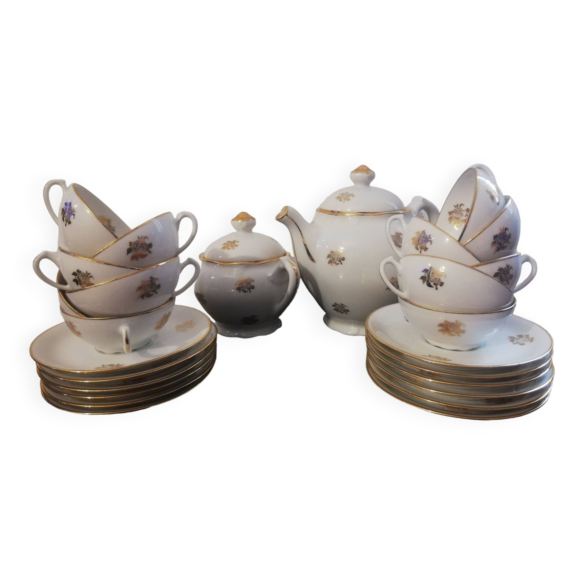 Tea or coffee service in white and gold Limoges porcelain "PL" (Limousine Porcelain)