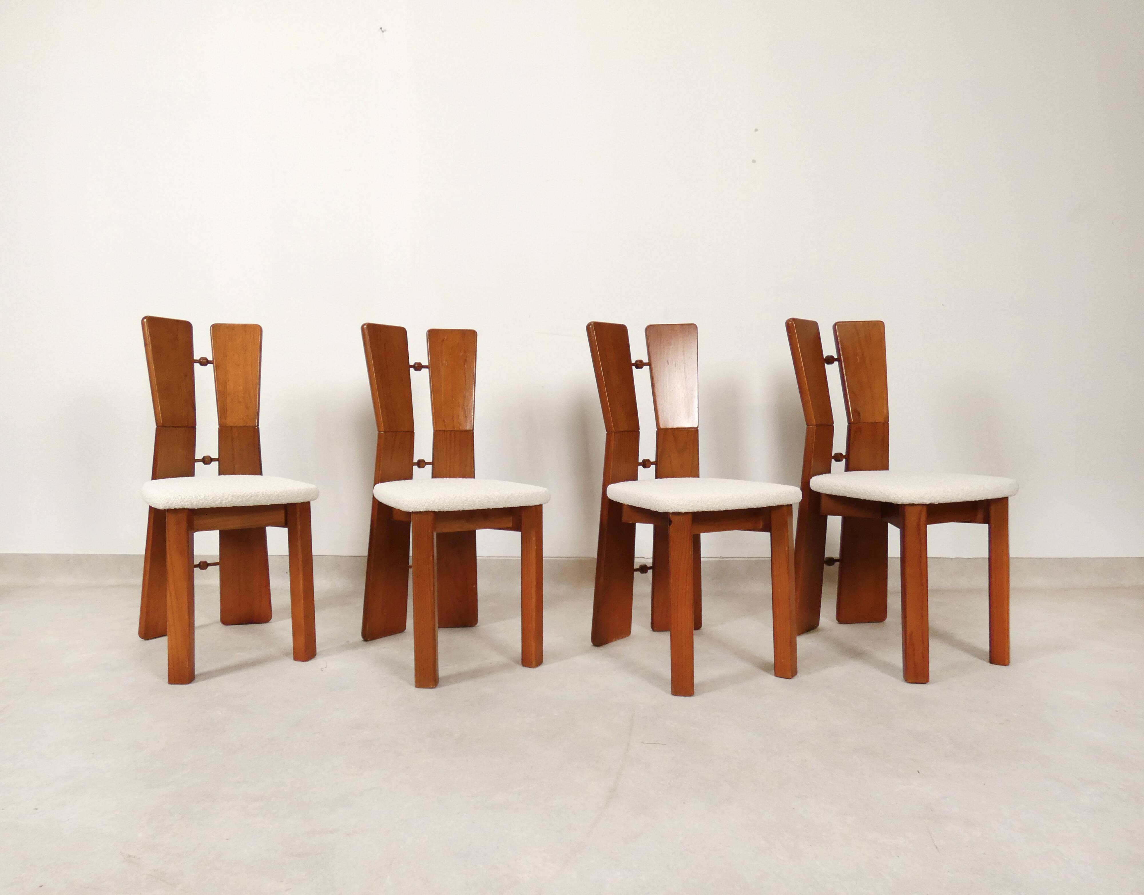 70's brutalist dining chairs in oak with bouclé fabric