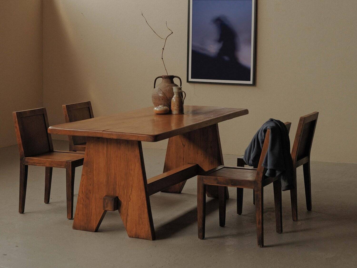 Brutalist dining table in solid oak, France, circa 1980.