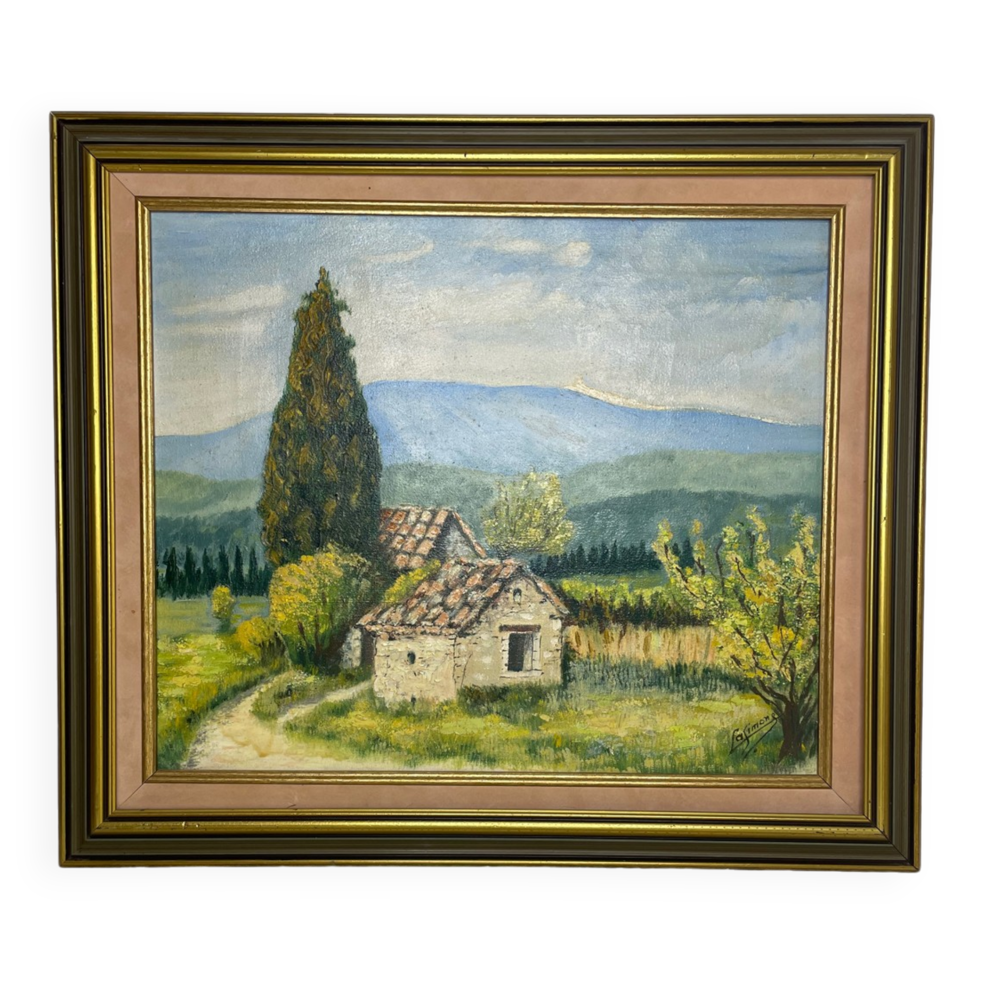 Painting of Mont Ventoux signed Lasimone in gilded wooden frame