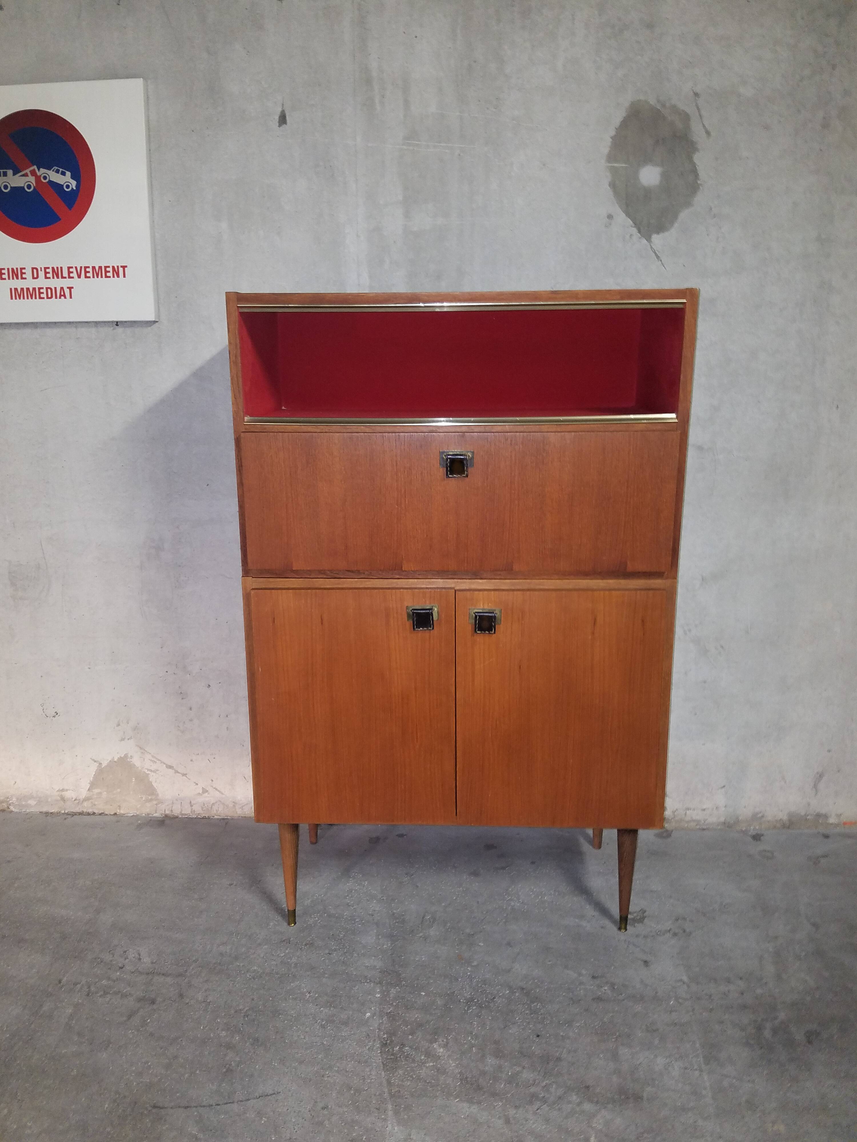 Teak bar cabinet and teak veneer, saddle leather and brass handles