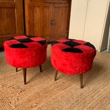 2 wooden poufs and fabric pattern red and black checkerboard pattern