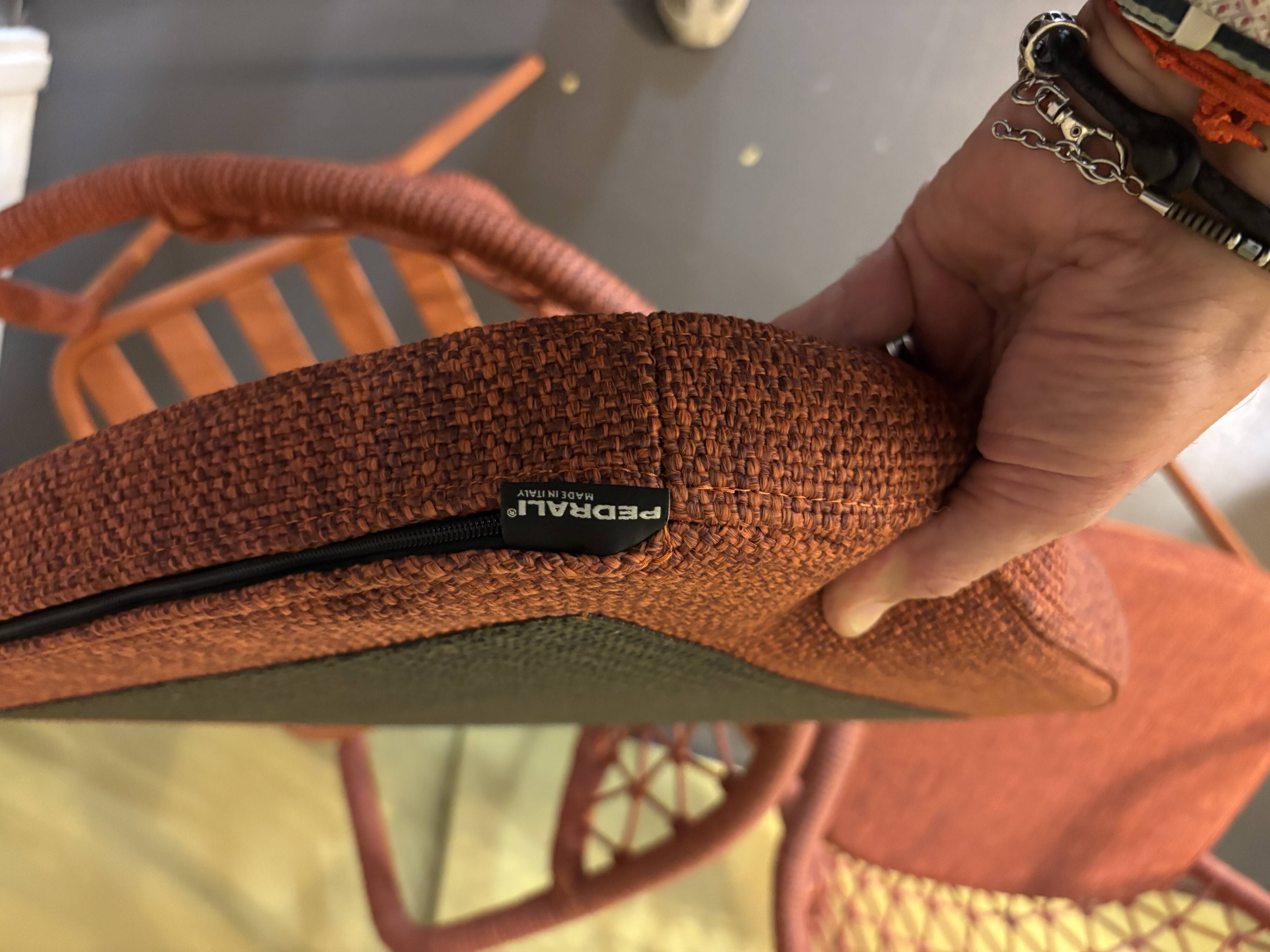 Set of 4 new Pedrali brand outdoor and indoor cordage armchairs with cushions