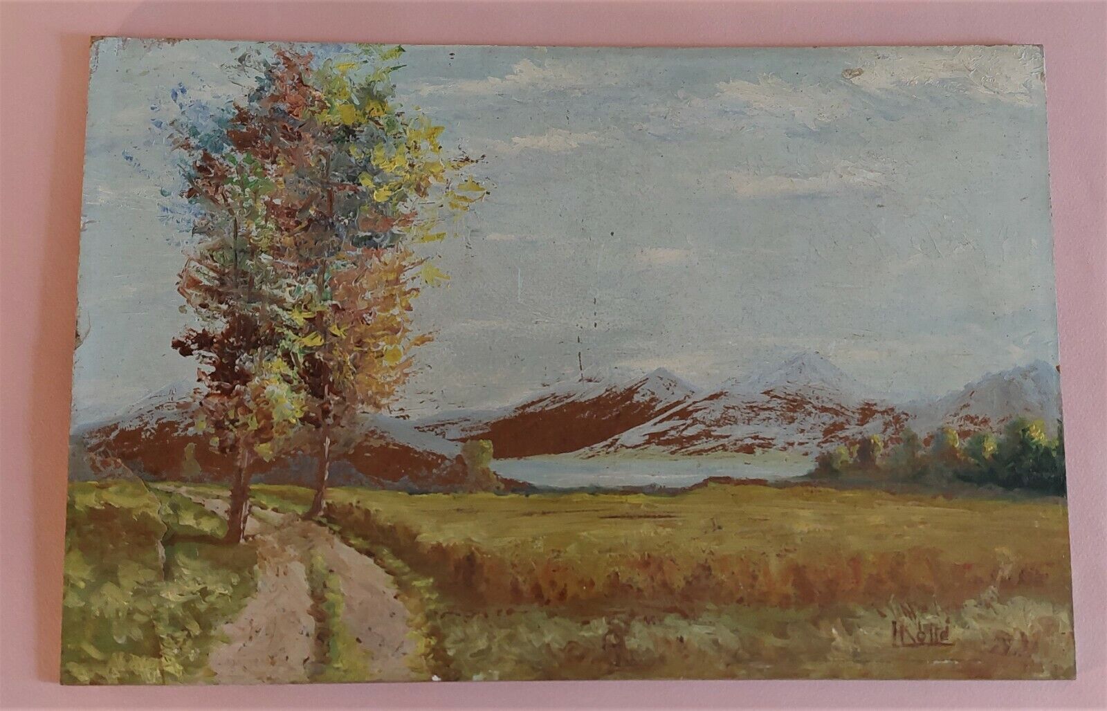 Painting oil on panel landscape mountains signed