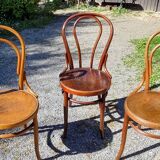 6 Thonet Fischel bistro chairs and others in curved wood from the early 20th century