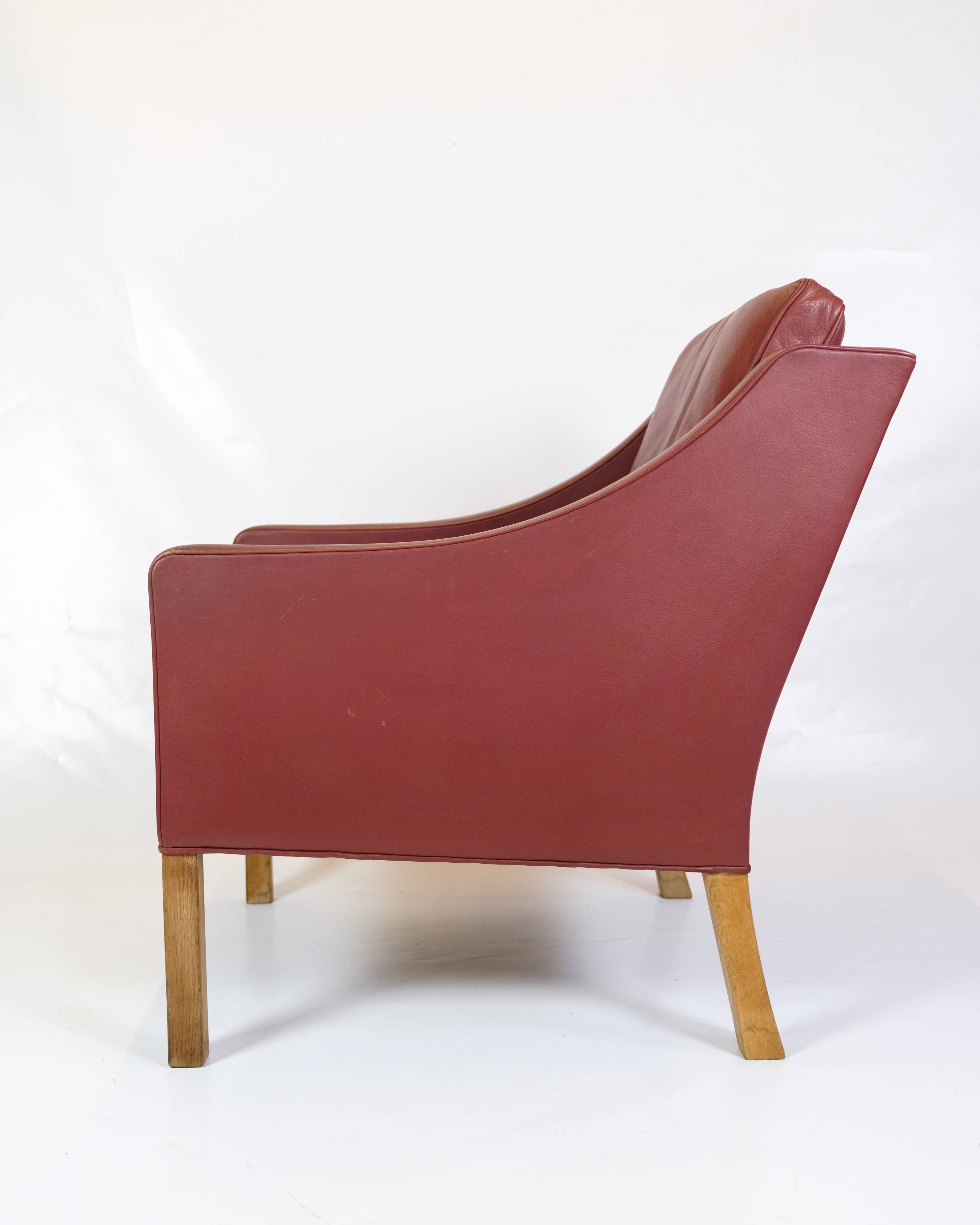 Armchair Model 2207 Made In Red Leather & Oak Frame By Børge Mogensen From 1960s