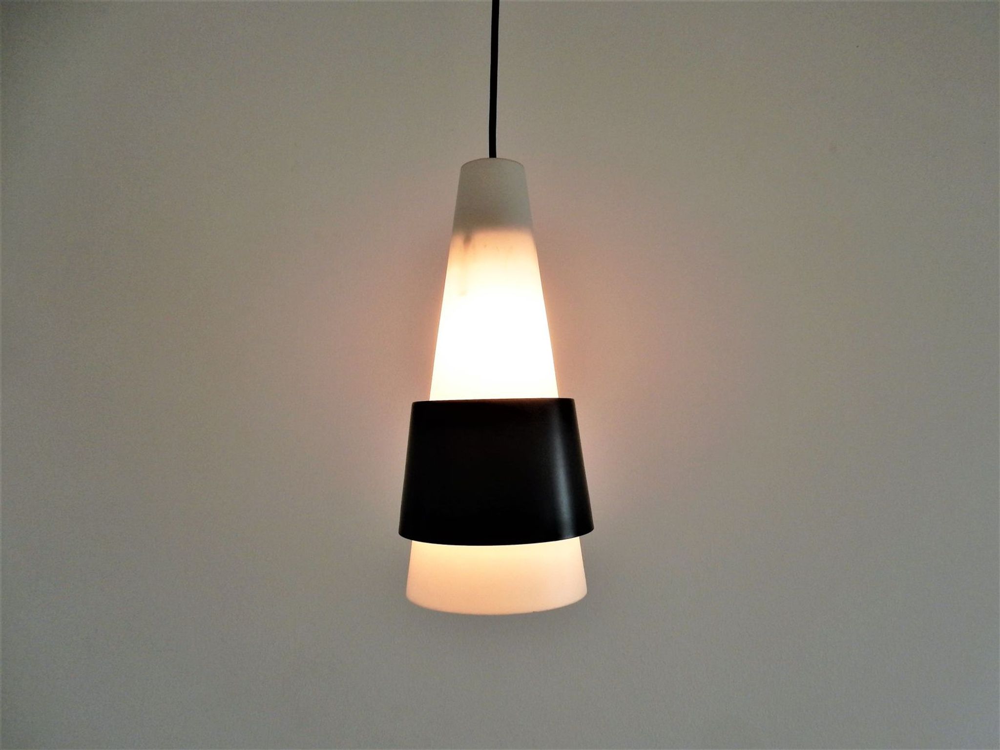 White Opalin Glass Suspension with Black Metal Ring, 1960s