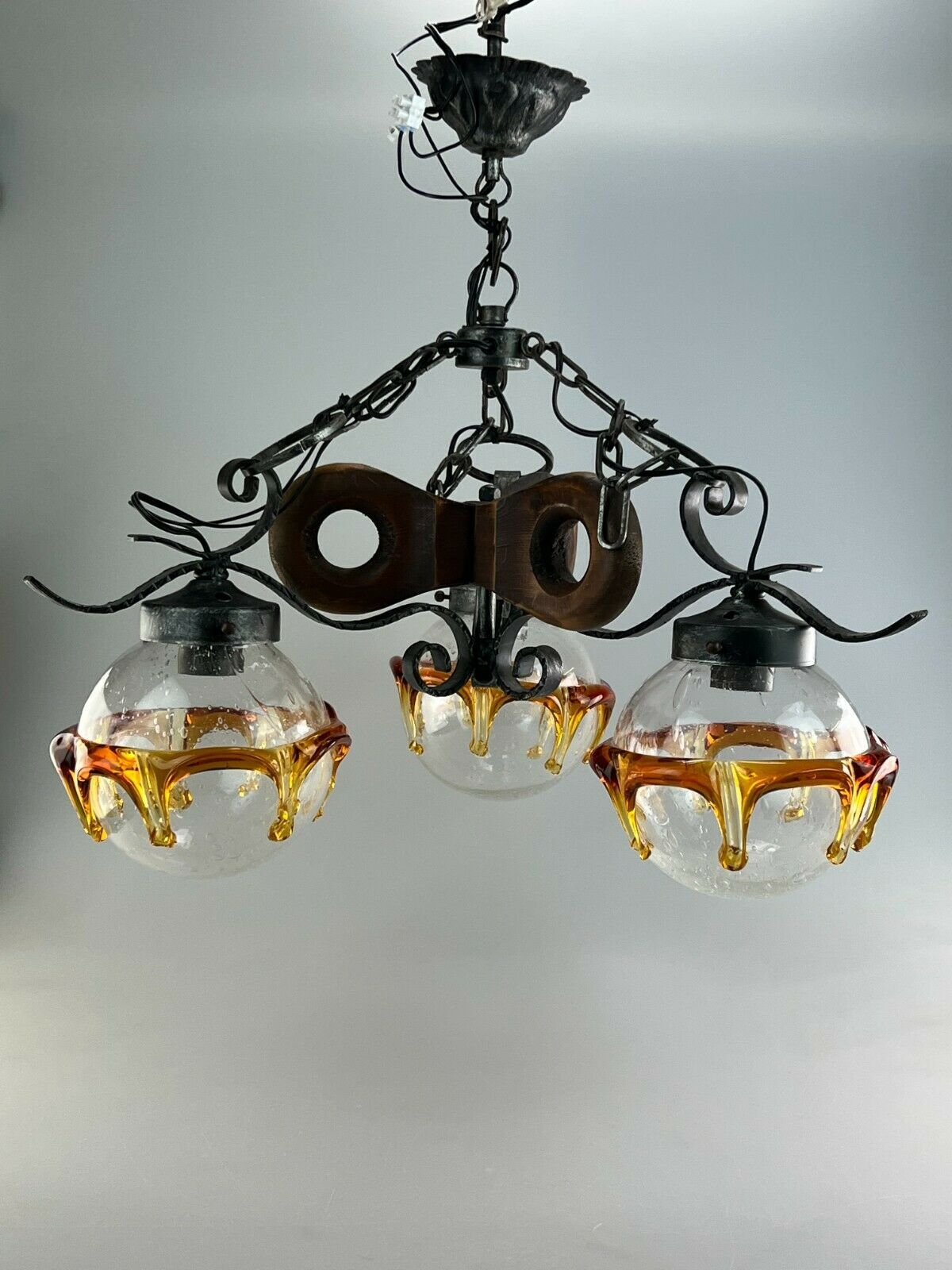 60s 70s Brutalist Ceiling Lamp Hanging Lamp Iron & Murano Glass 60s