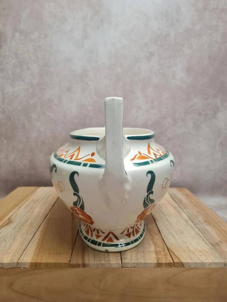 Art Deco Jardinière Moulin des Loups Orchies – stylised green & terracotta decoration – double handle