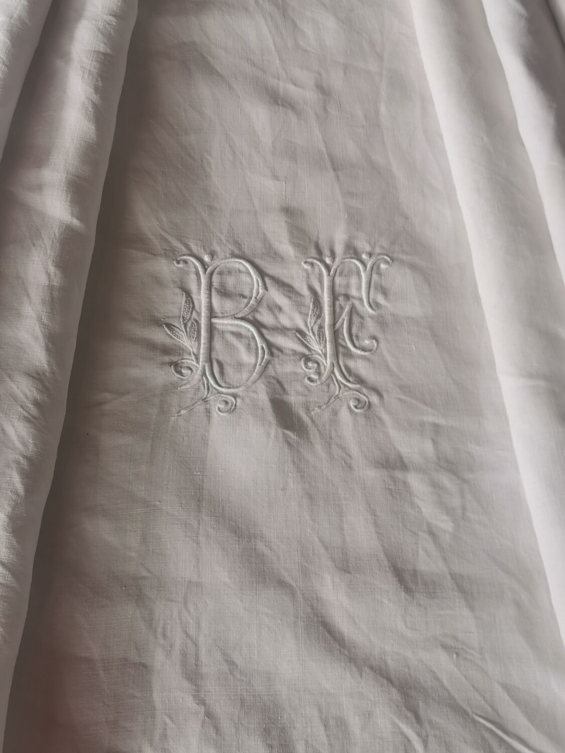 Old very large linen sheet monogrammed BF