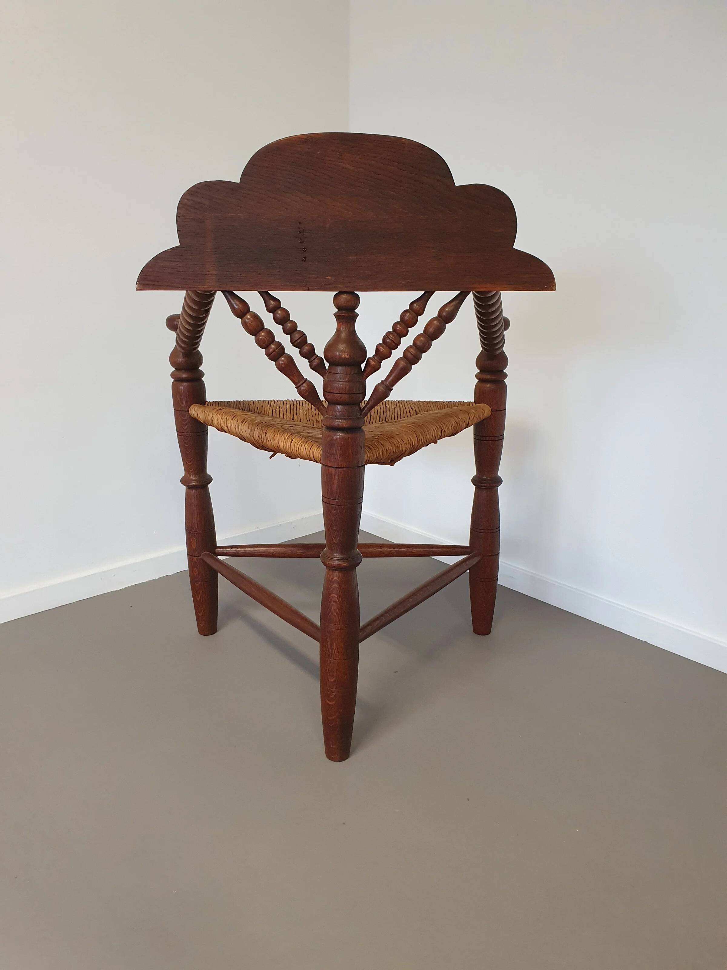 Dutch triangular turned wood corner chair rush seat knitting armchair