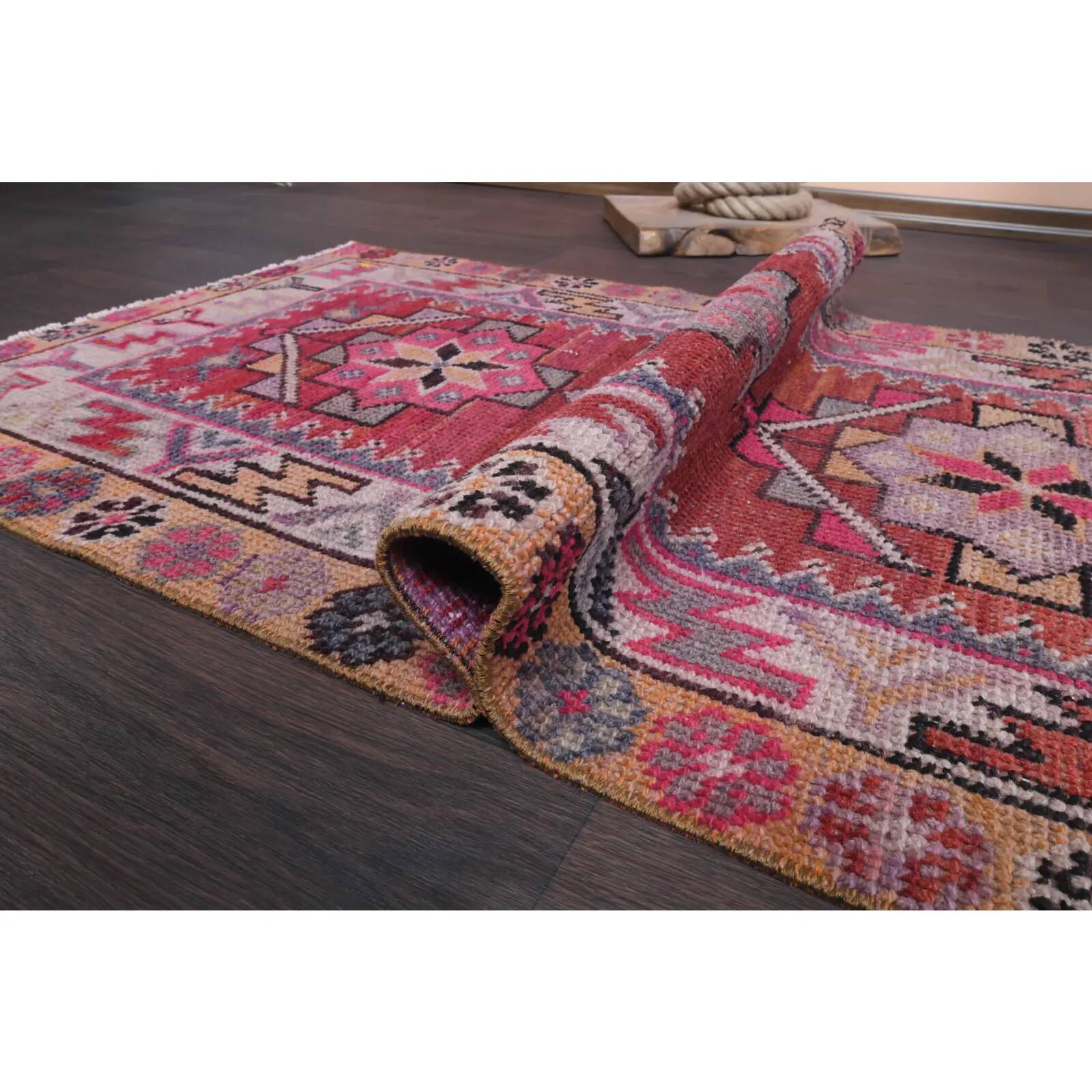 Vintage Turkish hand-knotted wool cotton red runner rug 83x362