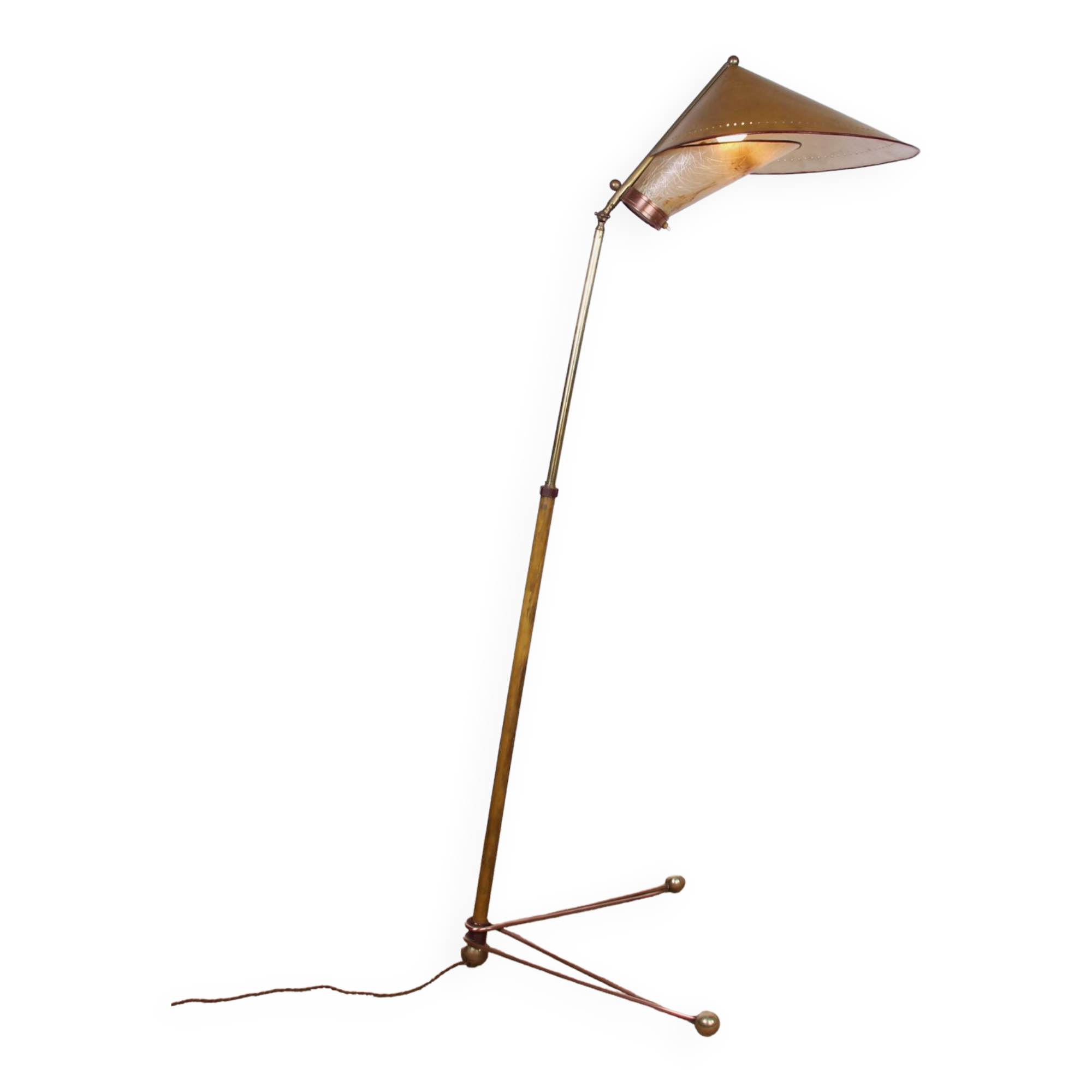 Italian brass floor lamp with conical shaft, adjustable in tilt and height, 1950