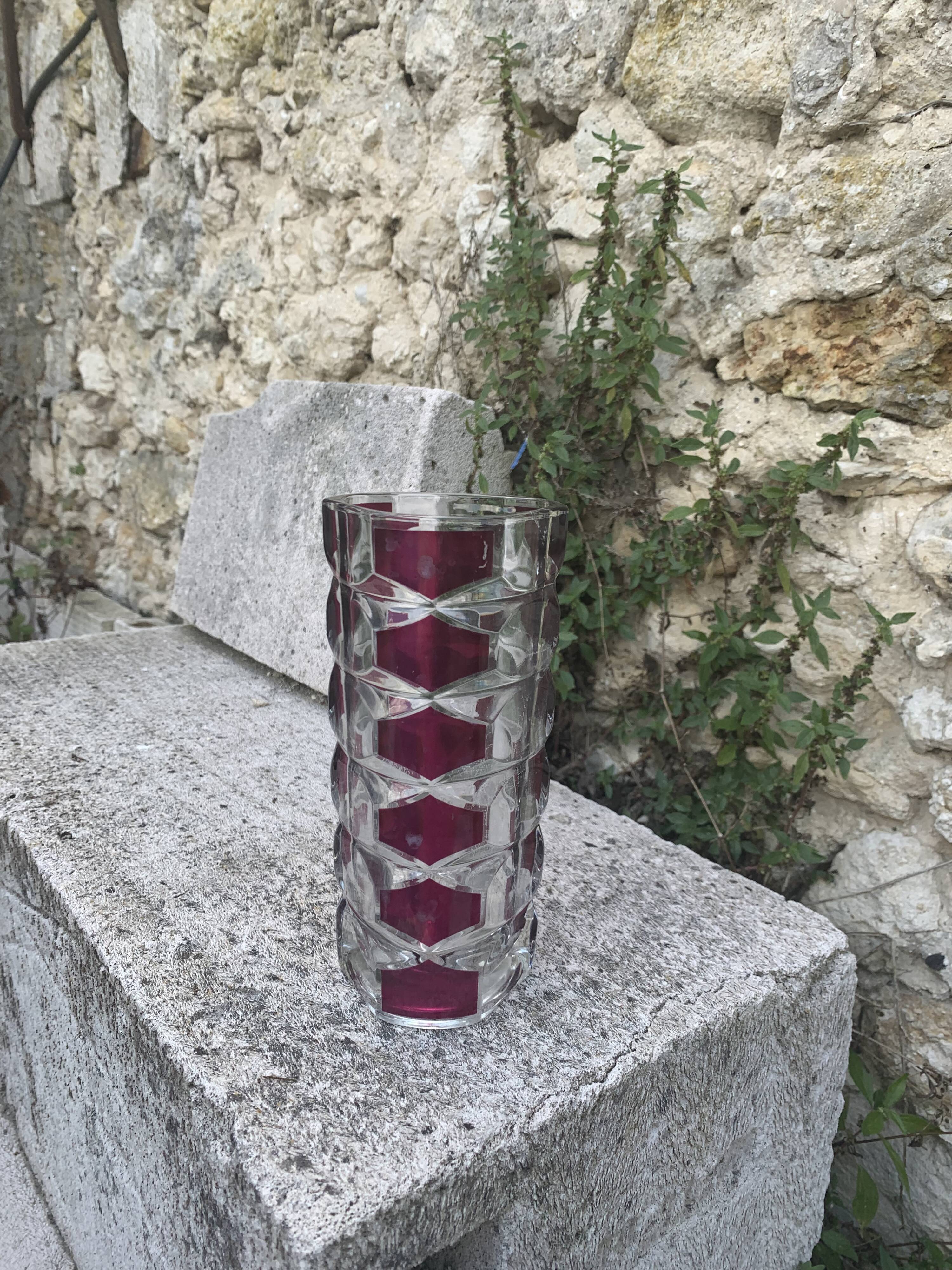 Transparent glass vase and burgundy design and vintage 1970