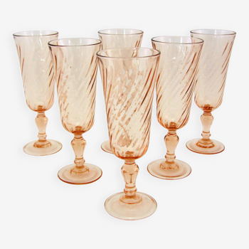 6 champagne flutes in pink twisted glass - Rosaline Luminarc Arcoroc France - vintage 80s