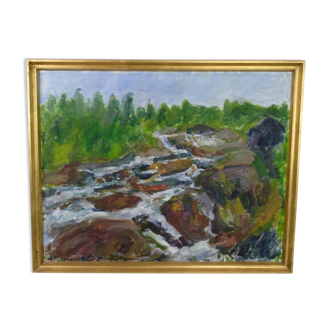 Peinture à l’huile peinte sur toile avec des nuances vertes et brunes par Sixten Wiklund