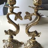 Pair of neoclassical torchlight candlesticks, koi carp, feng shui. in gilded bronze