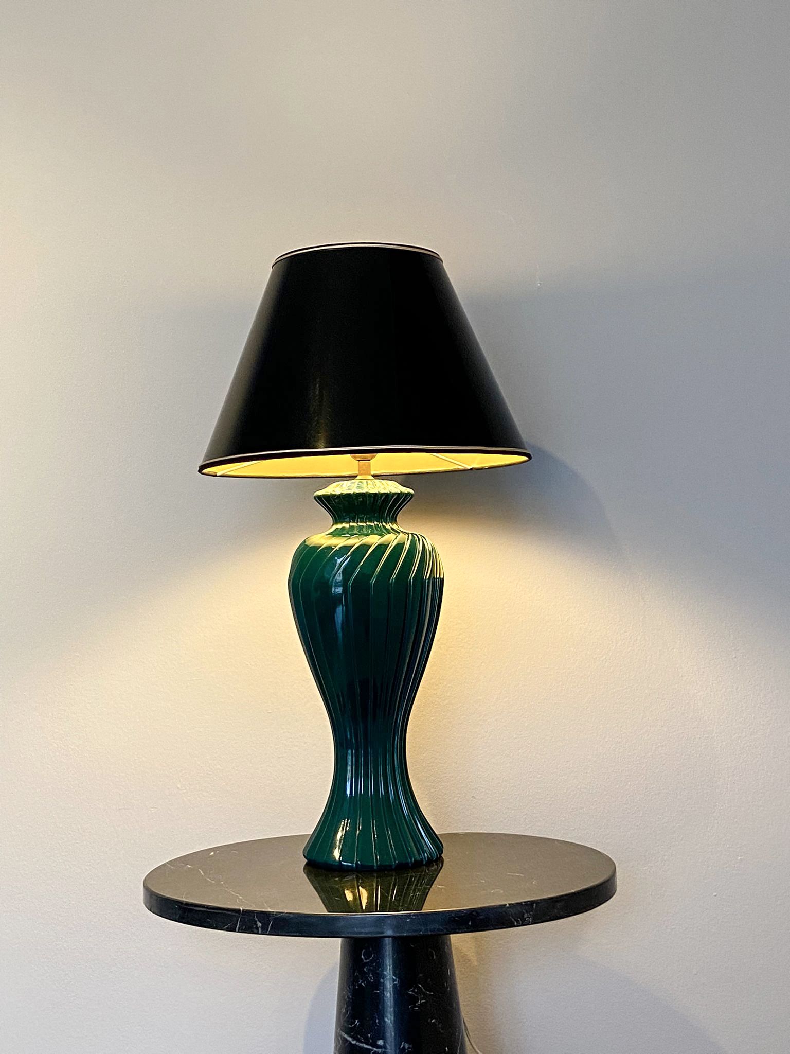 Green lacquered porcelain table lamp, Italy 70s