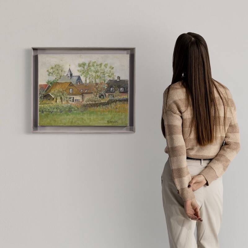 Peinture néerlandaise d'une vue de maisons dans le style impressionniste.