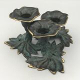 3-flower brass candlestick with green patina