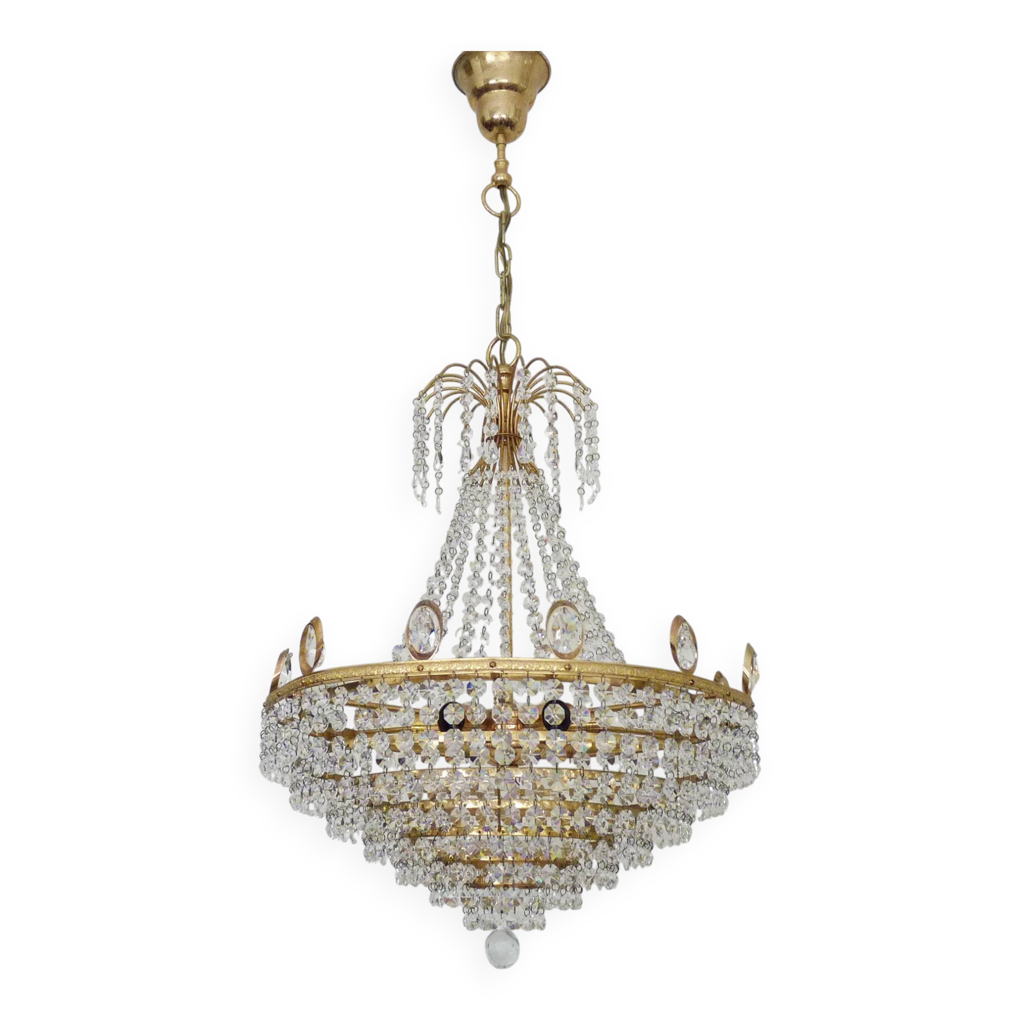 Large and antique chandelier, brass crown ceiling light, 7 tiers, 6 lights