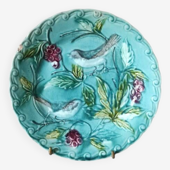 Antique Majolica Barbotine plate, Onnaing, bird and fruit decor