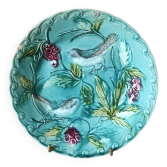 Antique Majolica Barbotine plate, Onnaing, bird and fruit decor