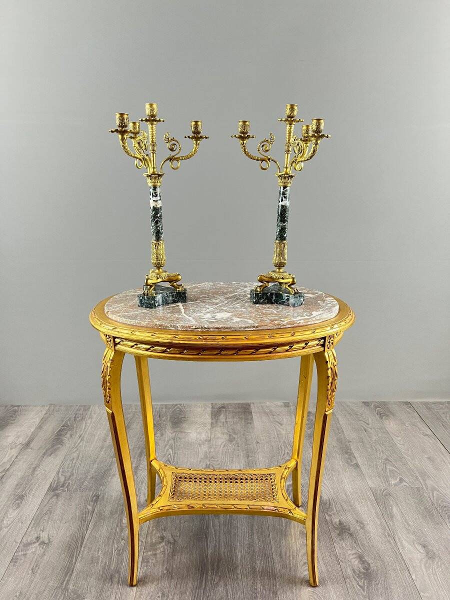 Pair of candelabra in gilt bronze and green marble, 19th century