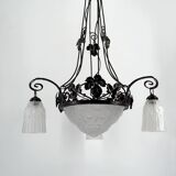 Wrought iron chandelier, tulips / pressed-molded glass bowl, Art Deco, 1930