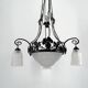 Wrought iron chandelier, tulips / pressed-molded glass bowl, Art Deco, 1930