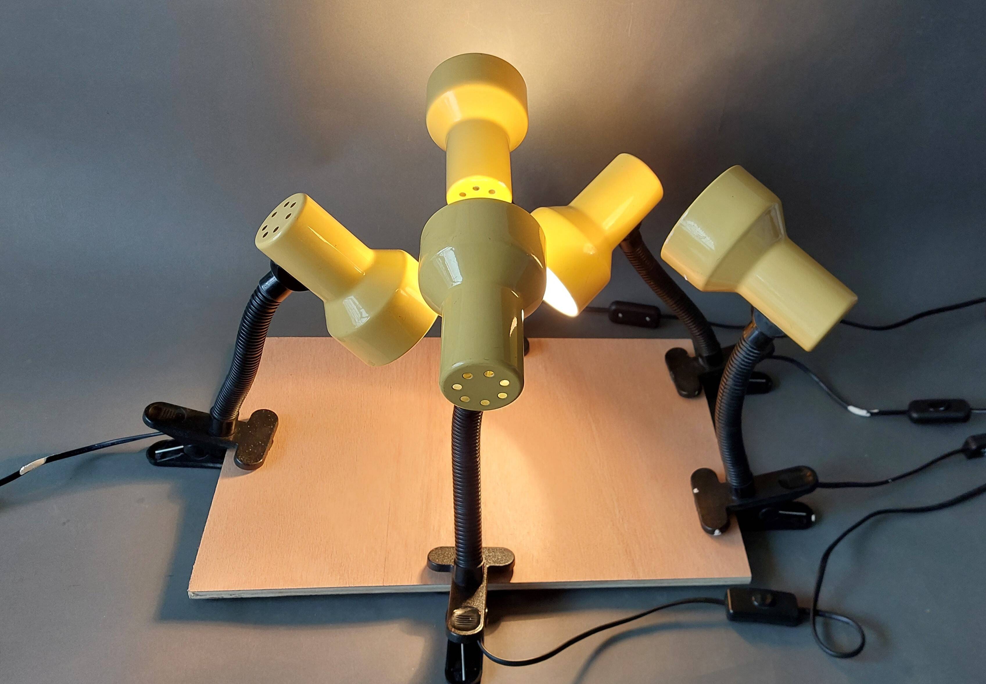 Series of 5 yellow lacquered adjustable clamp spotlights 1980 Vintage.