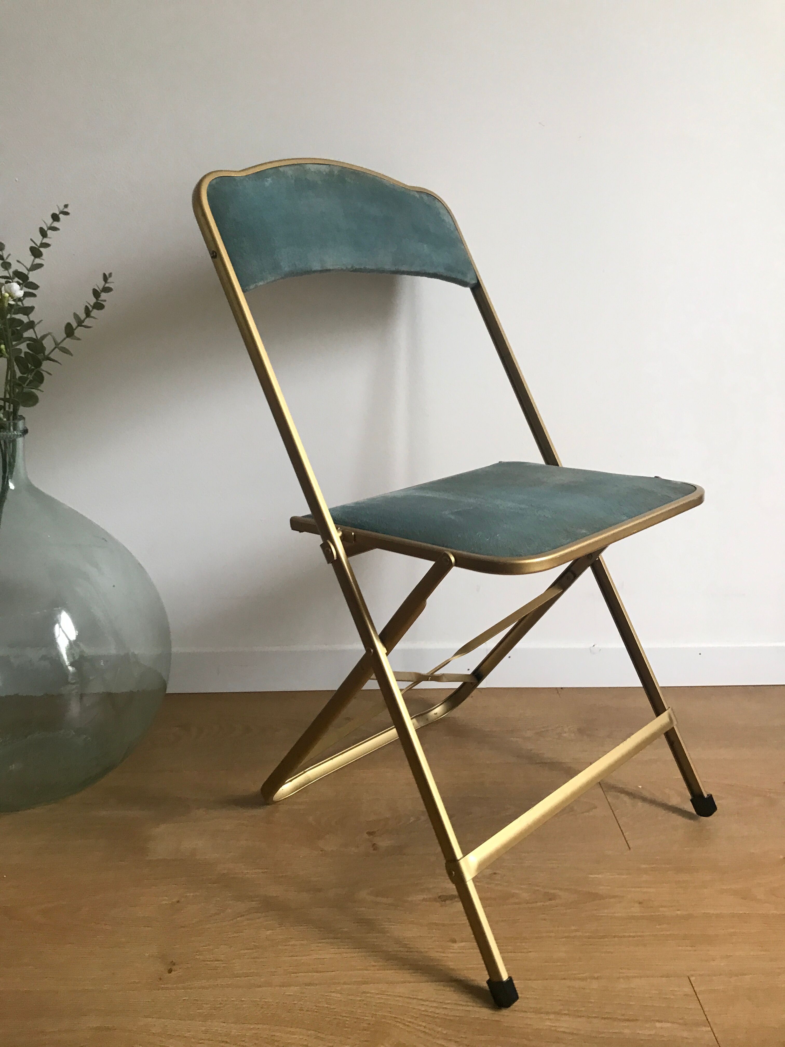 Vintage chaisor folding chair golden frame and blue velvet