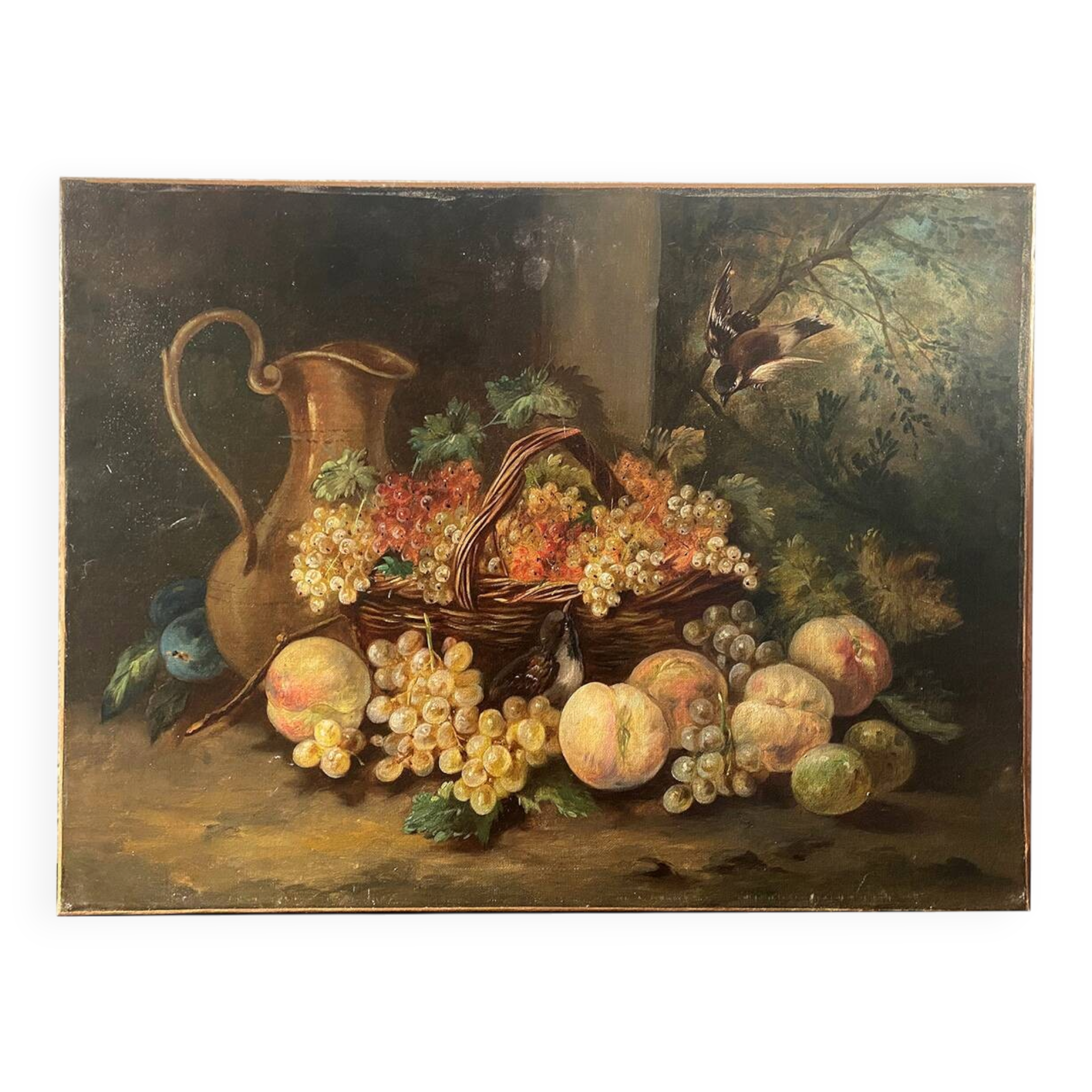"Still Life with Fruits and Birds", oil on canvas, late 19th century.