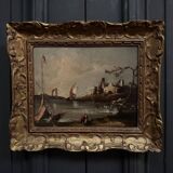 Oil on panel, port scene, late 19th century, gilded frame