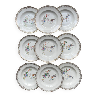 9 Vintage porcelain soup plates Real Opalor Export bird of paradise pattern