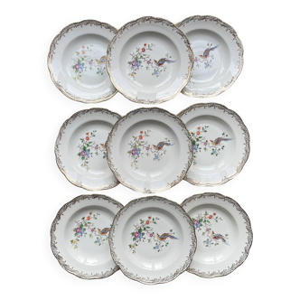 9 Assiettes creuses en porcelaine vintage Real Opalor Export motif oiseau de paradis