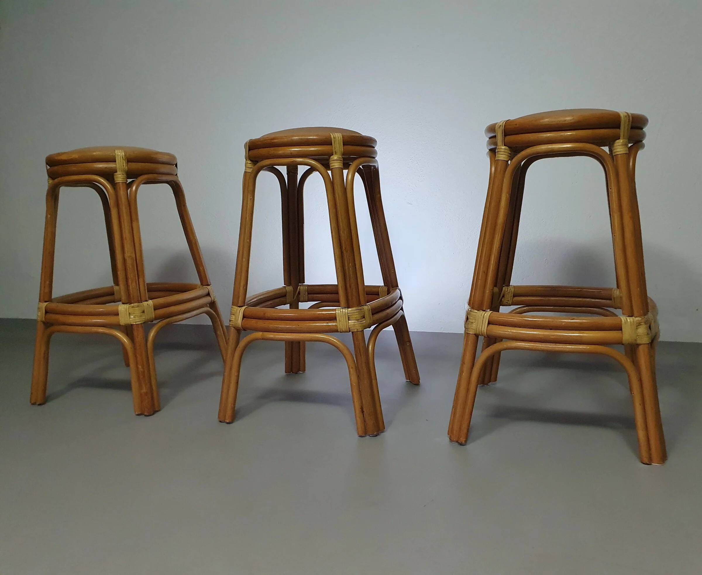 3 x bamboo stool with leather laces / 70s