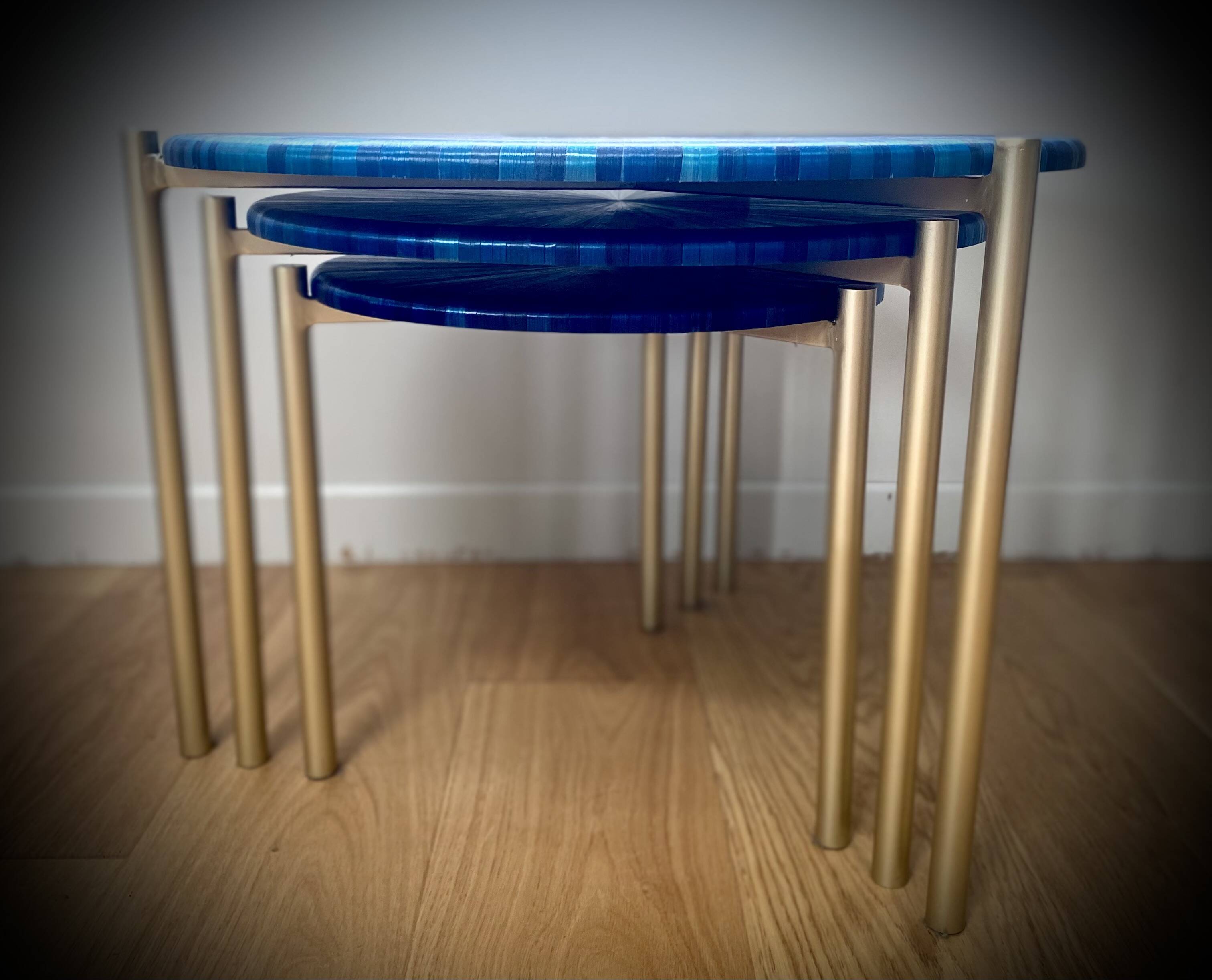 Straw marquetry nesting tables